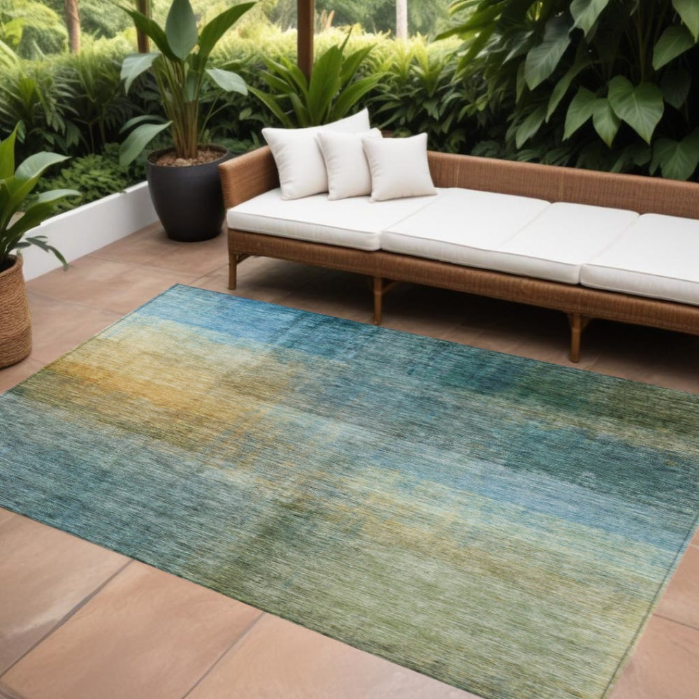 HomeRoots 9' X 12' Abstract Area Rug in Blue, Gold & Green - Washable, Durable, Stylish for Indoor & Outdoor Use 603633