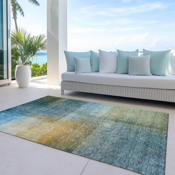Homeroots 3' Blue Gold And Green Abstract Washable Area Rug - Perfect For Indoor And Outdoor Spaces, Durable Design 9' X 12' Polyester 603633