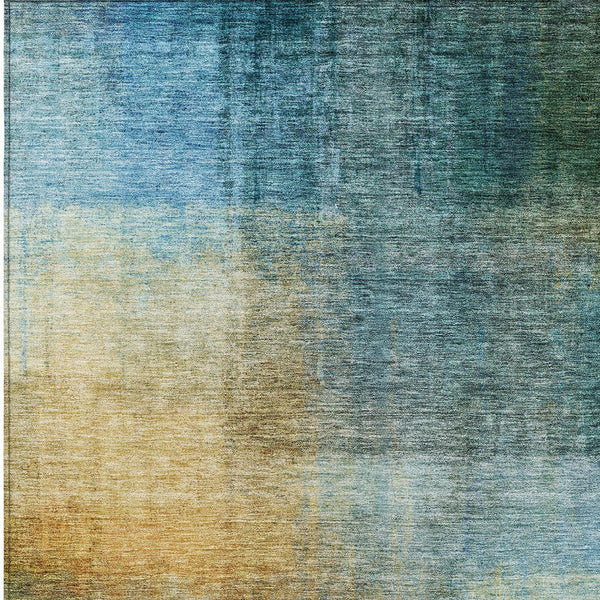 Homeroots 3' Blue Gold And Green Abstract Washable Area Rug - Perfect For Indoor And Outdoor Spaces, Durable Design 10' X 14' Polyester 603634
