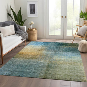 Homeroots 3' Blue Gold And Green Abstract Washable Area Rug - Perfect For Indoor And Outdoor Spaces, Durable Design 10' X 14' Polyester 603634