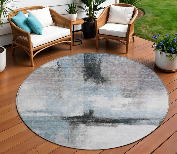 Homeroots 3' Blue Gray And Black Abstract Washable Area Rug For Indoor Outdoor Use – Durable And Stylish Design 8' Round Polyester 603643