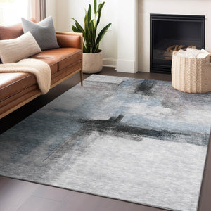 Homeroots 3' Blue Gray And Black Abstract Washable Area Rug For Indoor Outdoor Use – Durable And Stylish Design 10' X 14' Polyester 603646