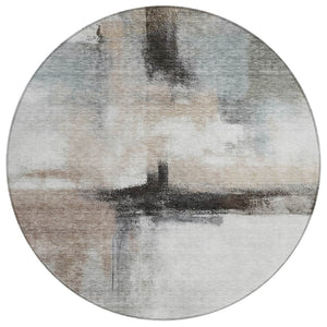 HomeRoots 5' Contemporary Abstract Washable Area Rug in Brown, Black & Gray for Stylish Indoor/Outdoor Use 8' Round 603649