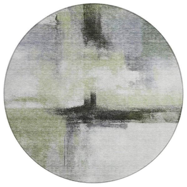 HomeRoots 5' Sage Black and Gray Abstract Area Rug - Washable, Durable, Stylish for Indoor and Outdoor Spaces 8' Round 603655