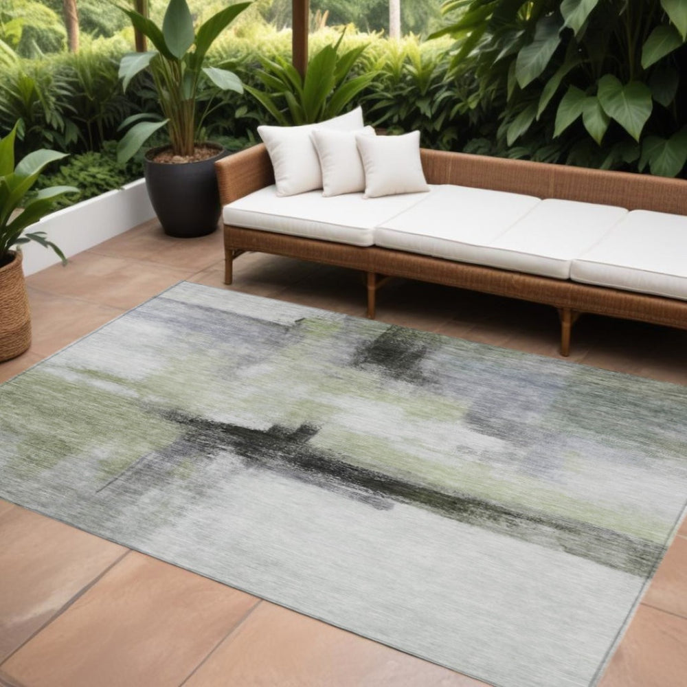 HomeRoots 5' Sage Black and Gray Abstract Area Rug - Washable, Durable, Stylish for Indoor and Outdoor Spaces 10' X 14' 603658