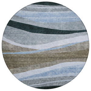 HomeRoots 5' Versatile Brown Blue and Gray Abstract Washable Area Rug for Indoor and Outdoor Spaces 8' Round 603673