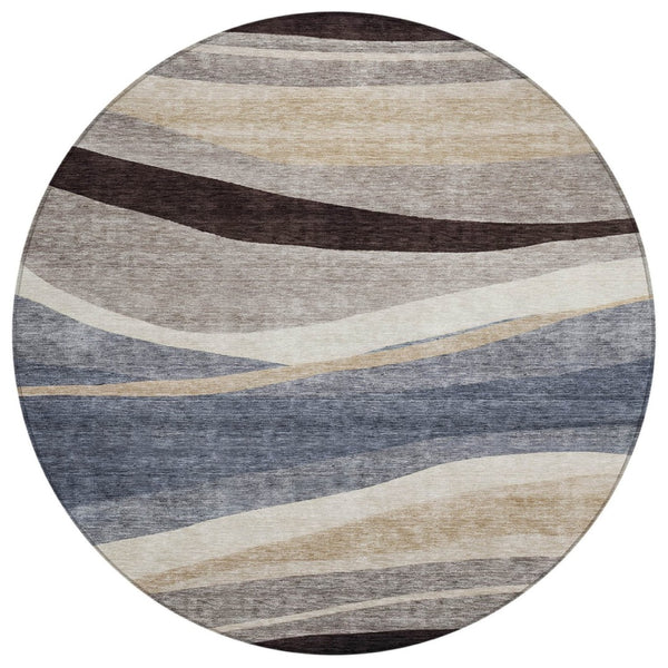 HomeRoots 5' Abstract Area Rug in Blue, Brown & Beige - Stylish, Durable, Washable Design for Indoor/Outdoor Use 8' Round 603679