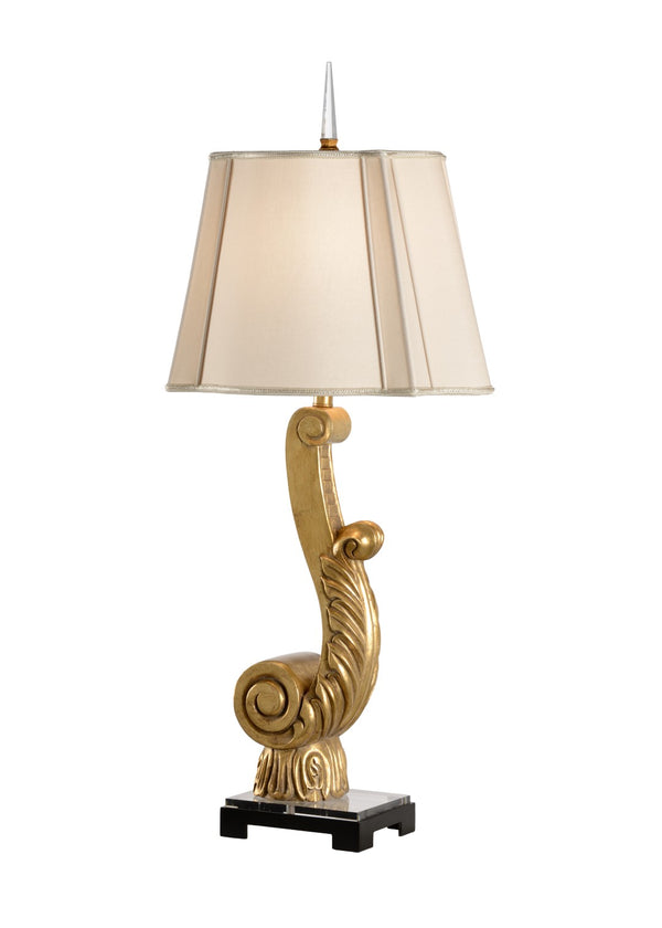 Wildwood Acanthus Sculpted Table Lamp With Antique Gold Leaf, Espresso Base & Clear Acrylic Step — Refined Accent Lighting 60368