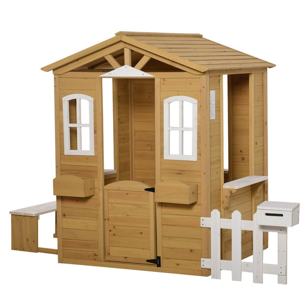 English Elm Outsunny Kids Wooden Backyard Cottage Playhouse with Mailbox Bench and Windows W2225P217338