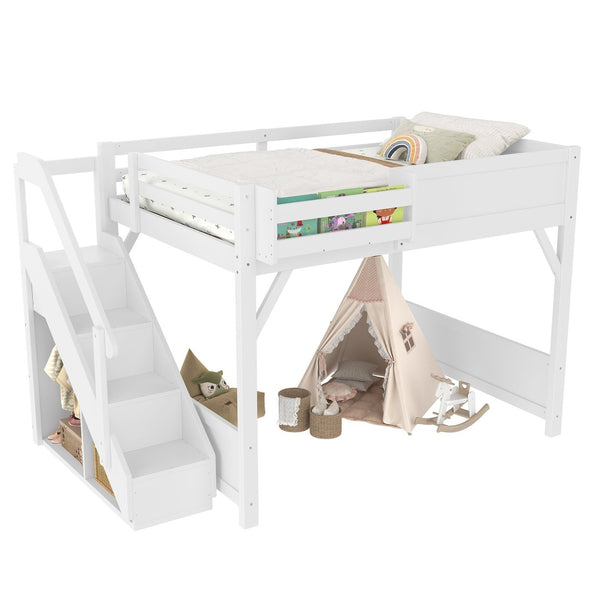 English Elm Twin Low Loft Bed Solid Pine Frame Kids Study Desk Blackboard Storage White Light White W1580S00468