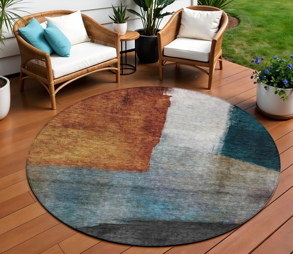 Homeroots 3' Copper Green And Gray Abstract Washable Area Rug - Perfect For Indoor And Outdoor Spaces! 8' Round Polyester 603721