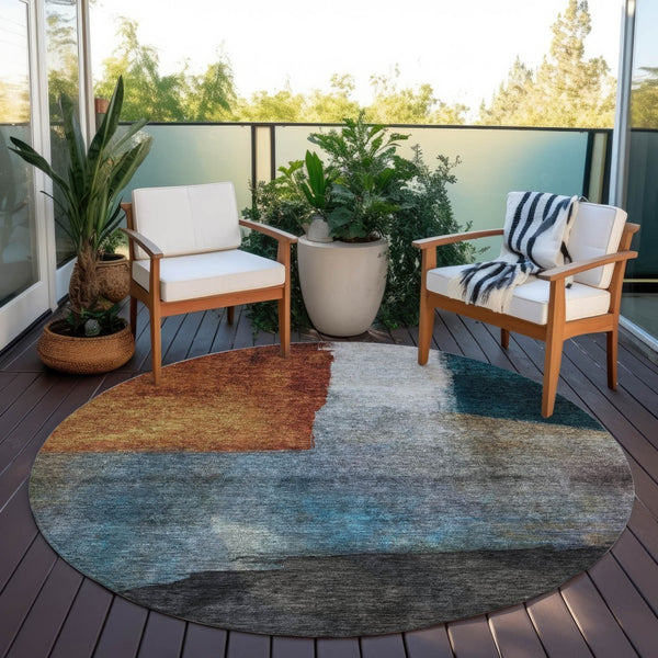 Homeroots 3' Copper Green And Gray Abstract Washable Area Rug - Perfect For Indoor And Outdoor Spaces! 8' Round Polyester 603721