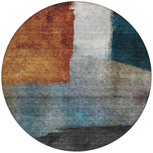 Homeroots 3' Copper Green And Gray Abstract Washable Area Rug - Perfect For Indoor And Outdoor Spaces! 8' Round Polyester 603721