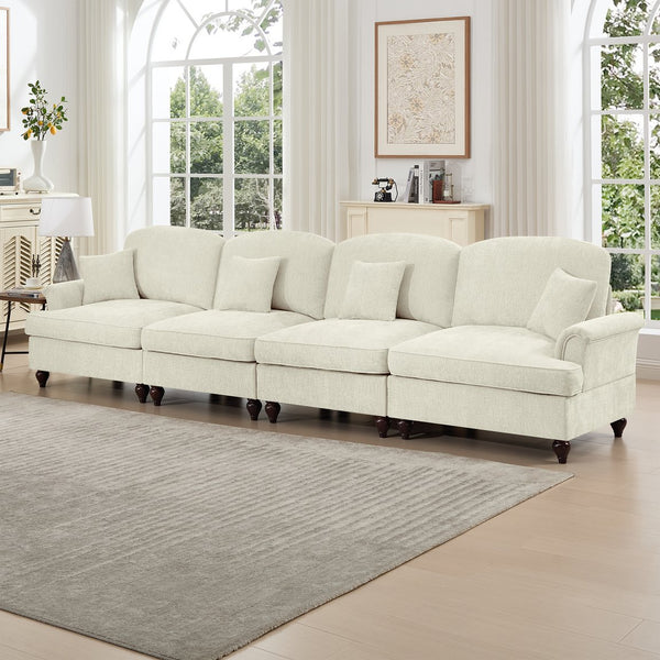 English Elm Elegant Four-Seater Chenille Sofa With Removable Ruffled Skirts, Flared Arms & Spindle Legs For Cozy Living Spaces W3041S00238