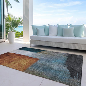 Homeroots 3' Copper Green And Gray Abstract Washable Area Rug - Perfect For Indoor And Outdoor Spaces! 10' X 14' Polyester 603724