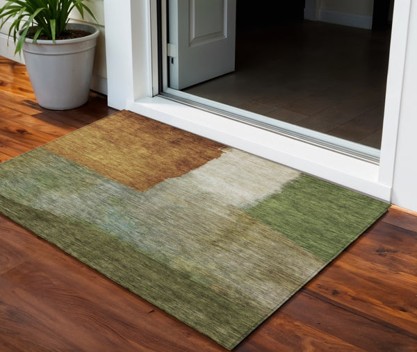 Homeroots 3' Copper Green And Gray Abstract Washable Area Rug - Perfect For Indoor And Outdoor Spaces! 3' X 5' Polyester 603725