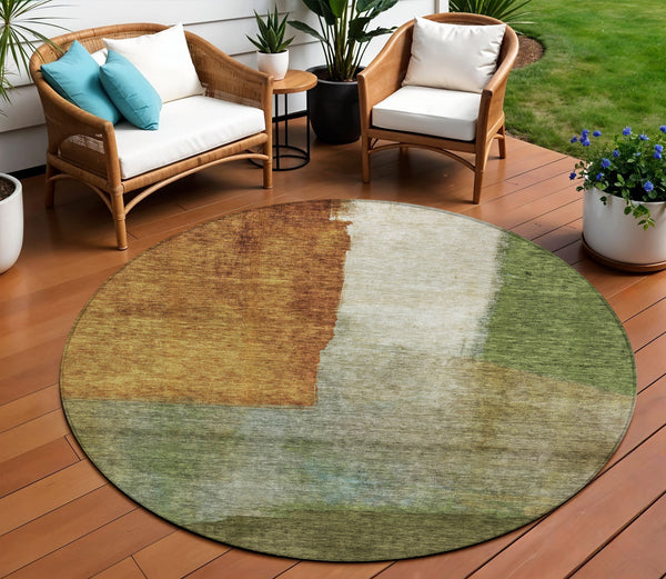 Homeroots 3' Copper Green And Gray Abstract Washable Area Rug - Perfect For Indoor And Outdoor Spaces! 8' Round Polyester 603727