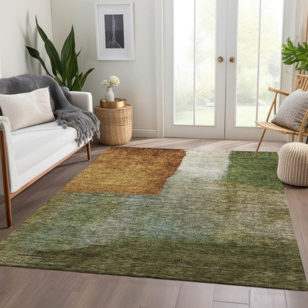 Homeroots 3' Copper Green And Gray Abstract Washable Area Rug - Perfect For Indoor And Outdoor Spaces! 8' X 10' Polyester 603728