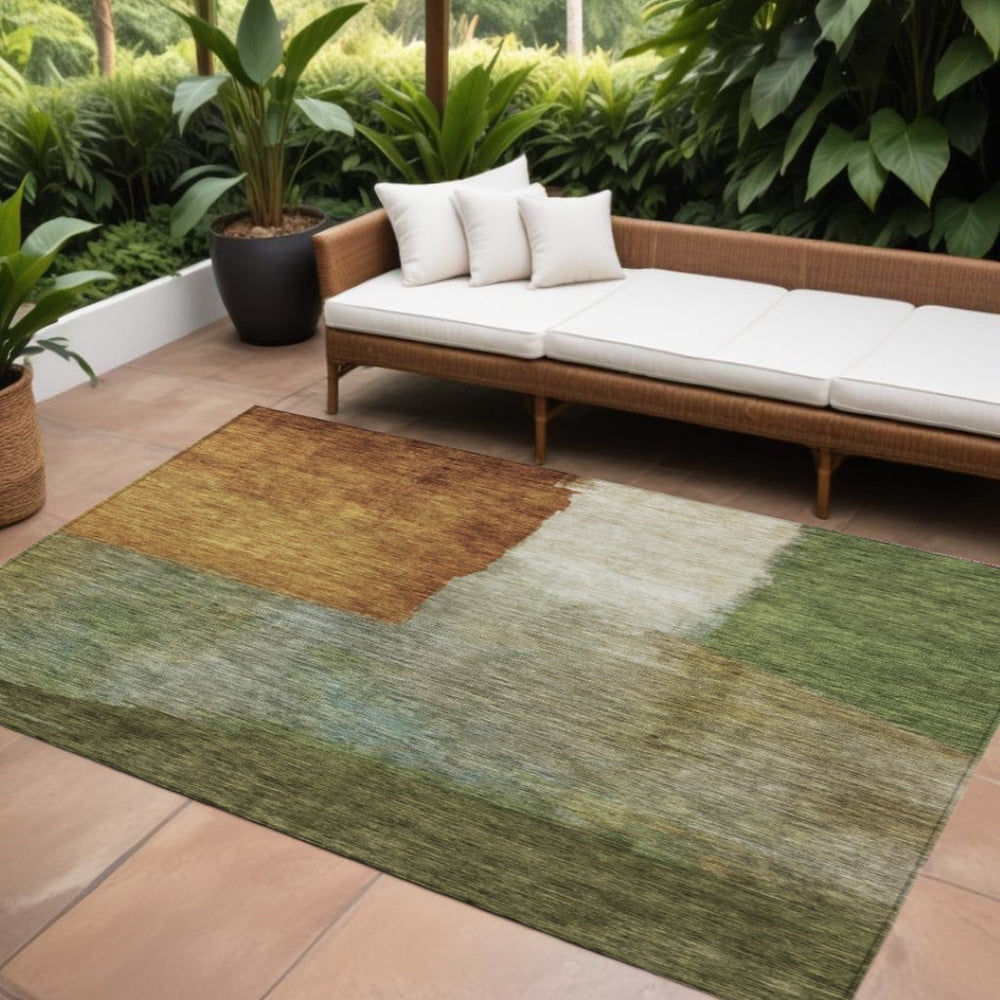 HomeRoots 9' X 12' Stylish Green Copper Beige Abstract Area Rug - Washable, Durable for Indoor & Outdoor Use! 603729
