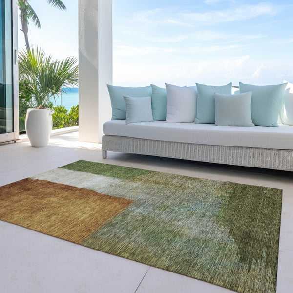 Homeroots 3' Copper Green And Gray Abstract Washable Area Rug - Perfect For Indoor And Outdoor Spaces! 10' X 14' Polyester 603730