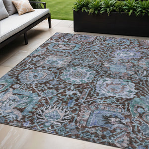 Homeroots 3' Stylish Chocolate And Aqua Damask Washable Area Rug For Indoor And Outdoor Spaces, Durable Design 5' X 8' Polyester 603732