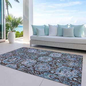 Homeroots 3' Stylish Chocolate And Aqua Damask Washable Area Rug For Indoor And Outdoor Spaces, Durable Design 5' X 8' Polyester 603732