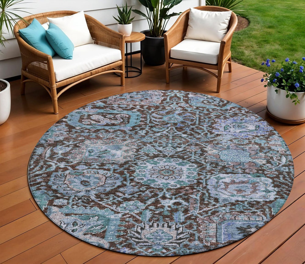 Homeroots 3' Stylish Chocolate And Aqua Damask Washable Area Rug For Indoor And Outdoor Spaces, Durable Design 8' Round Polyester 603733
