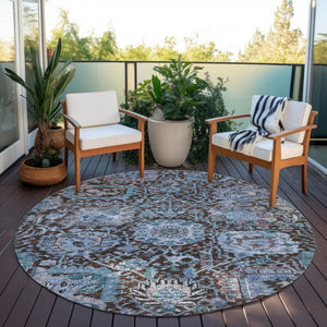 Homeroots 3' Stylish Chocolate And Aqua Damask Washable Area Rug For Indoor And Outdoor Spaces, Durable Design 8' Round Polyester 603733