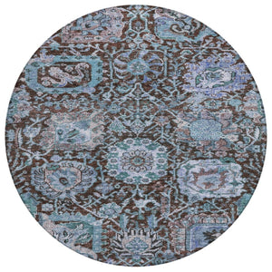 HomeRoots 5' Elegant Chocolate and Aqua Damask Area Rug - Durable, Washable, Perfect for Indoor & Outdoor Spaces 8' Round 603733