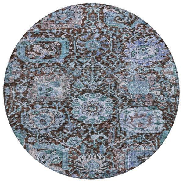 HomeRoots 5' Elegant Chocolate and Aqua Damask Area Rug - Durable, Washable, Perfect for Indoor & Outdoor Spaces 8' Round 603733