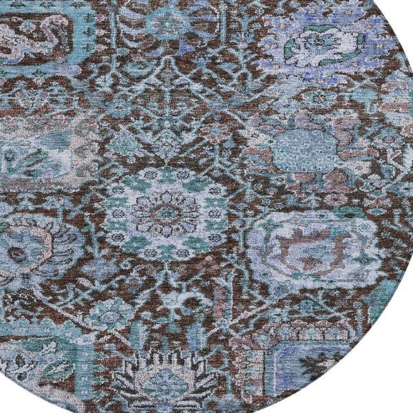 Homeroots 3' Stylish Chocolate And Aqua Damask Washable Area Rug For Indoor And Outdoor Spaces, Durable Design 8' Round Polyester 603733