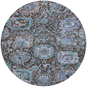 Homeroots 3' Stylish Chocolate And Aqua Damask Washable Area Rug For Indoor And Outdoor Spaces, Durable Design 8' Round Polyester 603733