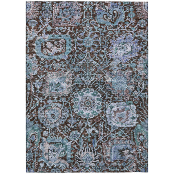 Homeroots 3' Stylish Chocolate And Aqua Damask Washable Area Rug For Indoor And Outdoor Spaces, Durable Design 8' X 10' Polyester 603734