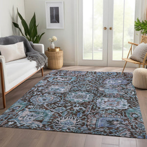 Homeroots 3' Stylish Chocolate And Aqua Damask Washable Area Rug For Indoor And Outdoor Spaces, Durable Design 8' X 10' Polyester 603734