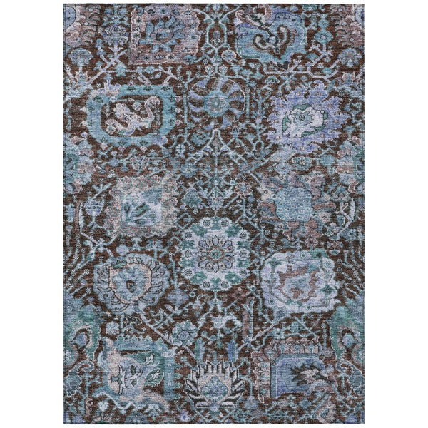HomeRoots 9' X 12' Chocolate and Aqua Damask Rug - Stylish Washable Design for Indoor & Outdoor Spaces! 603735