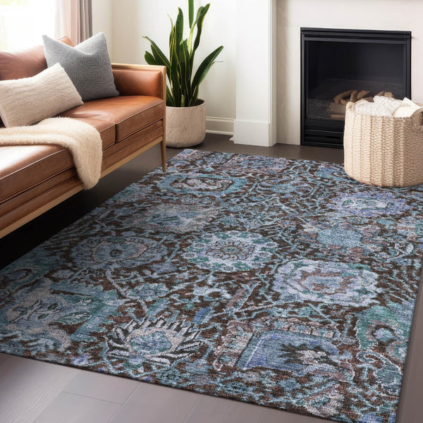 Homeroots 3' Stylish Chocolate And Aqua Damask Washable Area Rug For Indoor And Outdoor Spaces, Durable Design 9' X 12' Polyester 603735