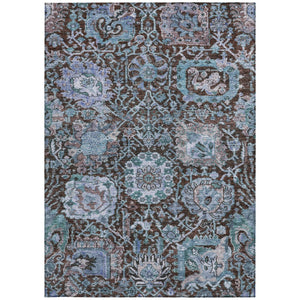 Homeroots 3' Stylish Chocolate And Aqua Damask Washable Area Rug For Indoor And Outdoor Spaces, Durable Design 10' X 14' Polyester 603736