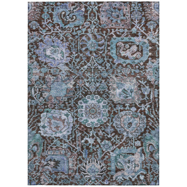 Homeroots 3' Stylish Chocolate And Aqua Damask Washable Area Rug For Indoor And Outdoor Spaces, Durable Design 10' X 14' Polyester 603736