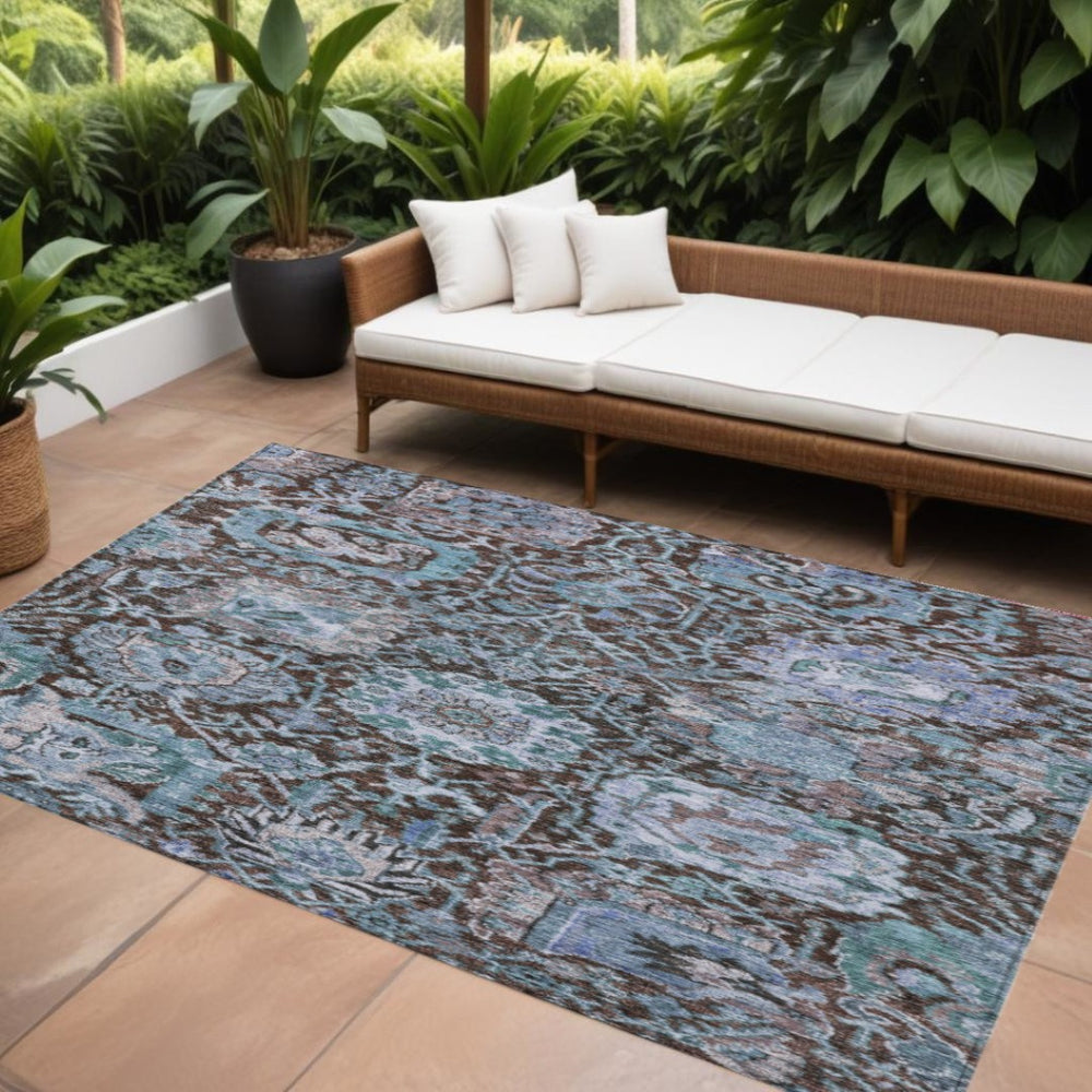 HomeRoots 5' Elegant Chocolate and Aqua Damask Area Rug - Durable, Washable, Perfect for Indoor & Outdoor Spaces 10' X 14' 603736
