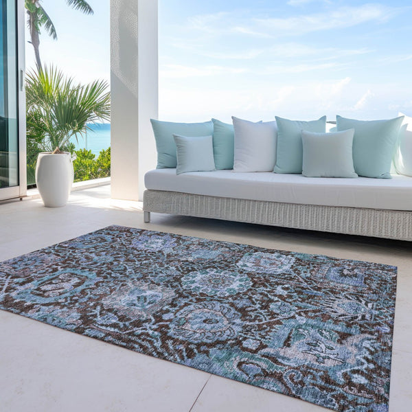 Homeroots 3' Stylish Chocolate And Aqua Damask Washable Area Rug For Indoor And Outdoor Spaces, Durable Design 10' X 14' Polyester 603736
