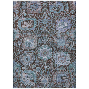 HomeRoots 5' Elegant Chocolate and Aqua Damask Area Rug - Durable, Washable, Perfect for Indoor & Outdoor Spaces 10' X 14' 603736