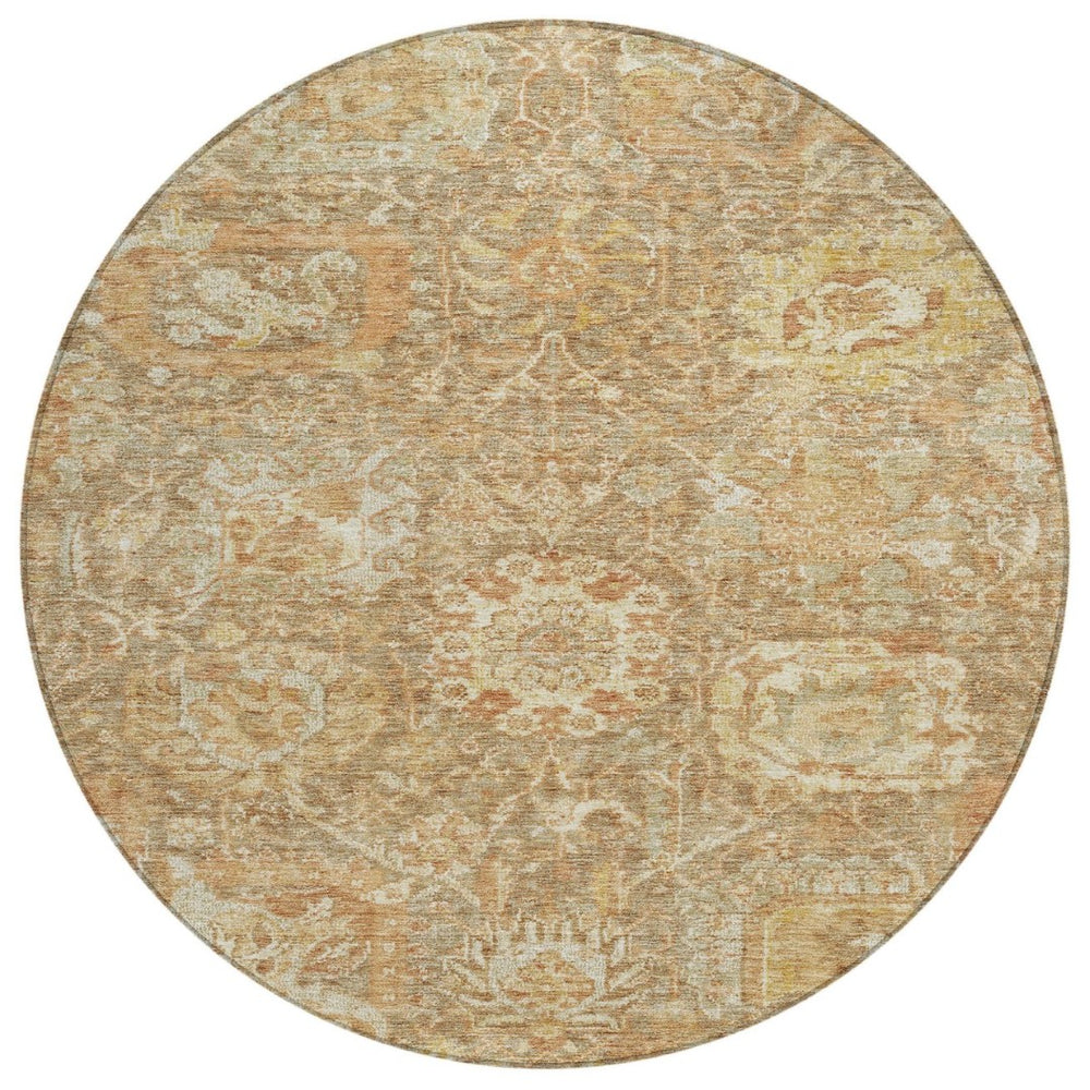 HomeRoots 5' Khaki and Brown Damask Area Rug - Washable, Durable Design for Indoor and Outdoor Elegance 8' Round 603739