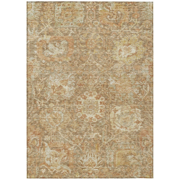 HomeRoots 5' Khaki and Brown Damask Area Rug - Washable, Durable Design for Indoor and Outdoor Elegance 8' X 10' 603740