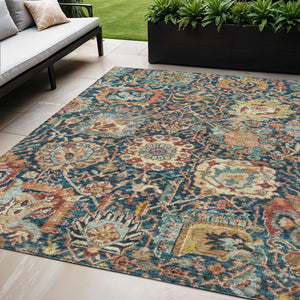 Homeroots 3' Stylish Chocolate And Aqua Damask Washable Area Rug For Indoor And Outdoor Spaces, Durable Design 5' X 8' Polyester 603744