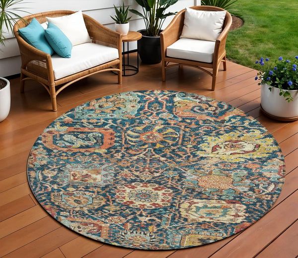 Homeroots 3' Stylish Chocolate And Aqua Damask Washable Area Rug For Indoor And Outdoor Spaces, Durable Design 8' Round Polyester 603745