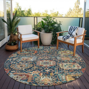 Homeroots 3' Stylish Chocolate And Aqua Damask Washable Area Rug For Indoor And Outdoor Spaces, Durable Design 8' Round Polyester 603745