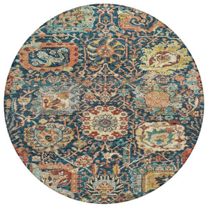 HomeRoots 5' Stylish Navy Blue Damask Area Rug - Washable, Durable, Indoor/Outdoor, Perfect for High Traffic Spaces 8' Round 603745