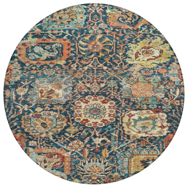 HomeRoots 5' Stylish Navy Blue Damask Area Rug - Washable, Durable, Indoor/Outdoor, Perfect for High Traffic Spaces 8' Round 603745