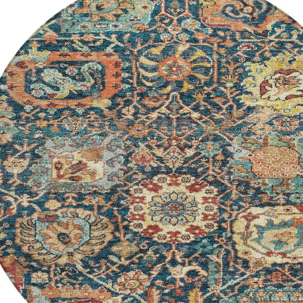 Homeroots 3' Stylish Chocolate And Aqua Damask Washable Area Rug For Indoor And Outdoor Spaces, Durable Design 8' Round Polyester 603745