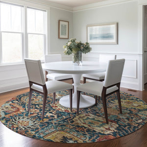 Homeroots 3' Stylish Chocolate And Aqua Damask Washable Area Rug For Indoor And Outdoor Spaces, Durable Design 8' Round Polyester 603745